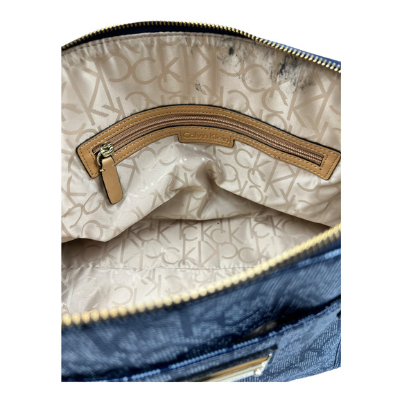 Calvin Klein Signature Monogram Navy Satchel Logo Purse With Tan Handle - Picture 7 of 7